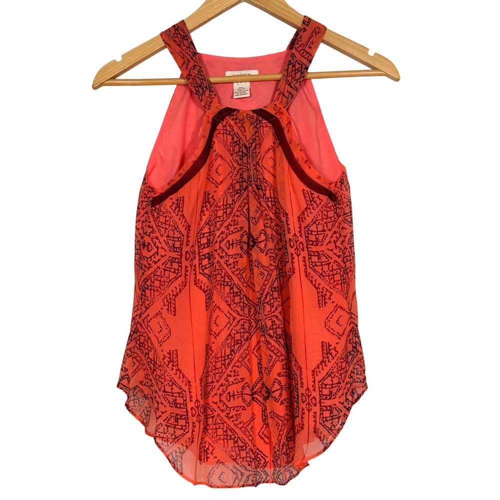 Sundance Silk Halter Top Coral Orange Red Geometric Tribal Print Blouse Size 2